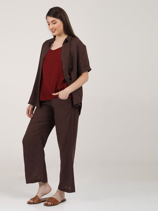 Linen Solid Slip Top With Shirt And Wide Leg Pants 3-Piece Co-Ord Set - Linen  coord set for women in Navy & Autumn Rust color