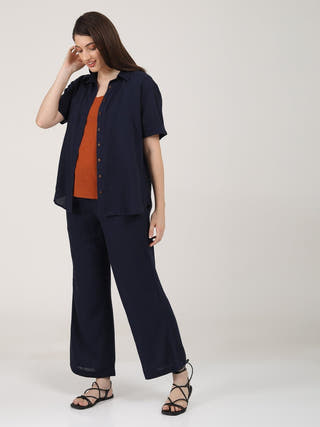 Linen Solid Slip Top With Shirt And Wide Leg Pants 3-Piece Co-Ord Set - Linen  coord set for women in Navy & Autumn Rust color