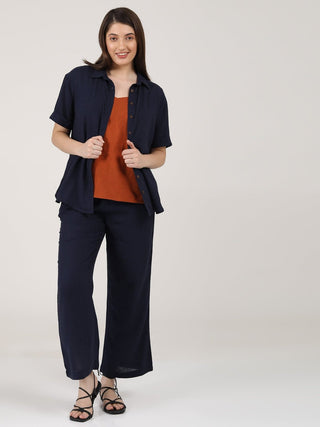 Linen Solid Slip Top With Shirt And Wide Leg Pants 3-Piece Co-Ord Set - Linen  coord set for women in Navy & Autumn Rust color