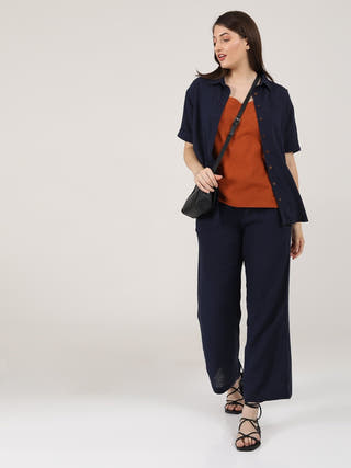 Linen Solid Slip Top With Shirt And Wide Leg Pants 3-Piece Co-Ord Set - Linen  coord set for women in Navy & Autumn Rust color