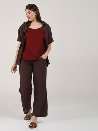 Linen Solid Slip Top With Shirt And Wide Leg Pants 3-Piece Co-Ord Set - Linen  coord set for women in Navy & Autumn Rust color