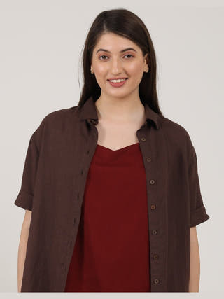 Linen Solid Slip Top With Shirt And Wide Leg Pants 3-Piece Co-Ord Set - Linen  coord set for women in Navy & Autumn Rust color