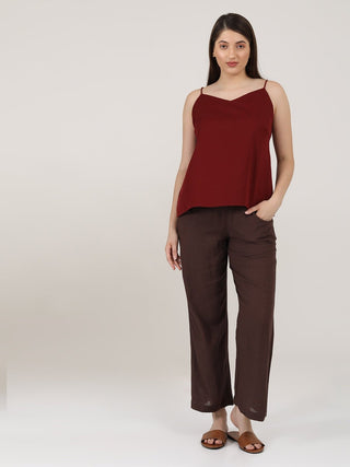 Linen Solid Slip Top with Wide Leg Pants Co-ord Set Saltpetre