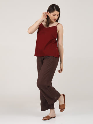 Linen Solid Slip Top with Wide Leg Pants Co-ord Set Saltpetre