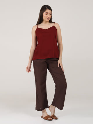Linen Solid Slip Top with Wide Leg Pants Co-ord Set Saltpetre