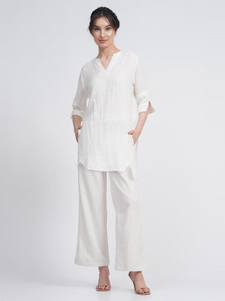 Linen Solid V-Neck Top with Trousers Co-ords Set Saltpetre