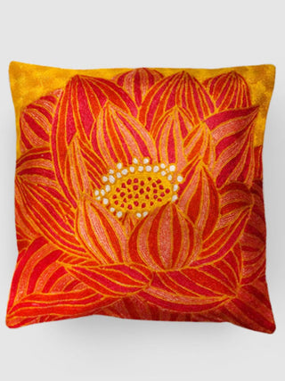 Lotus Chainstitch Embroidered  Cushion Cover Red & Yellow Zaina