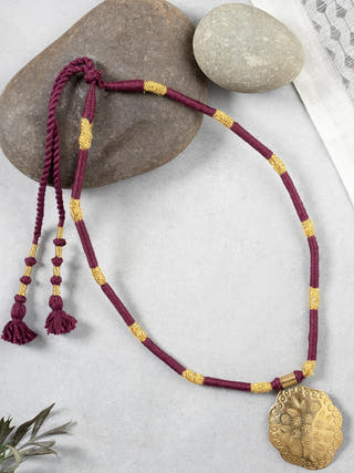 NecklaceMaroon & Golden Patwa Thread Necklace with Gold - Toned Floral PendantKaladoraFlourish Planet