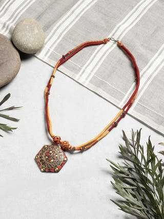 NecklaceMaroon & Mustard Patwa Thread Necklace with Antique PendantKaladoraFlourish Planet