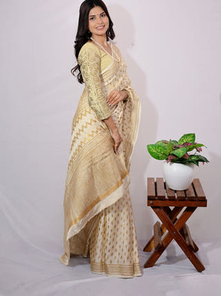 Gold Ikat Print Modal Silk Saree