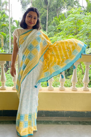 Quadro Mul Cotton Saree Blue Yellow