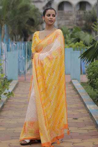 Quadro Mul Cotton Saree Orange Yellow