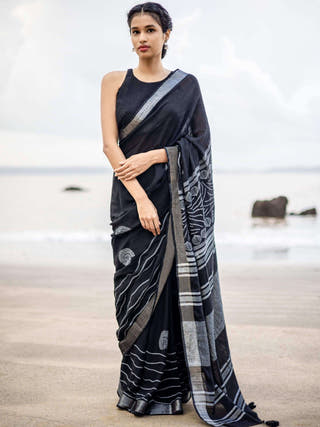 Handcrafted Conchas Linen Saree Black