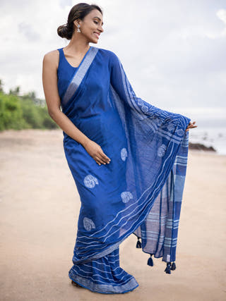 Conchas Linen Saree Blue