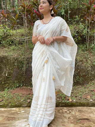 Printed Conchas Linen Saree White