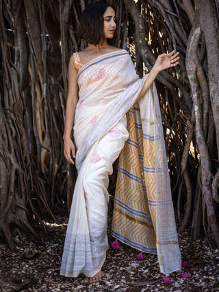 O Mar Chanderi Silk Saree White