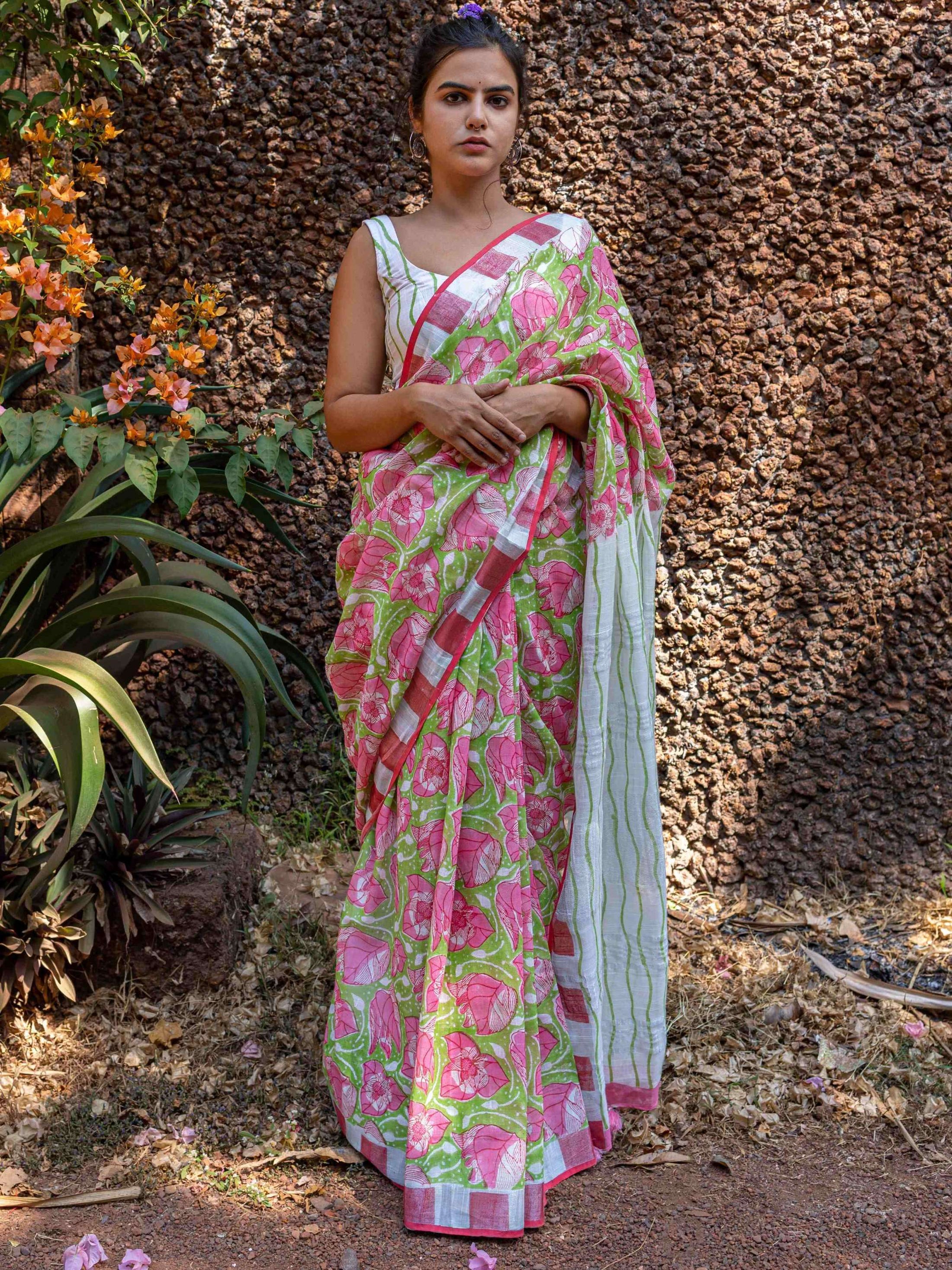Bougainvillea Linen Saree Pink