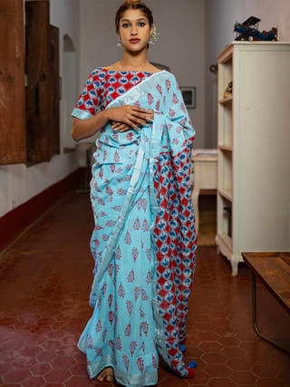 Pitkuli Linen Saree Blue