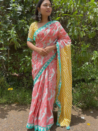 Blockprinted Paradise Mul Cotton Sare Pink