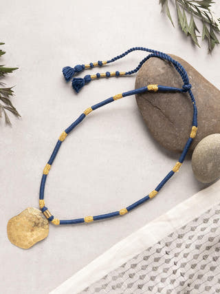 NecklaceNavy Blue & Golden Patwa Thread Necklace with Gold - Toned Shield PendantKaladoraFlourish Planet
