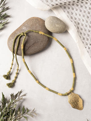 NecklaceOlive Green & Golden Patwa Thread Necklace with Gold - Toned Leaf PendantKaladoraFlourish Planet