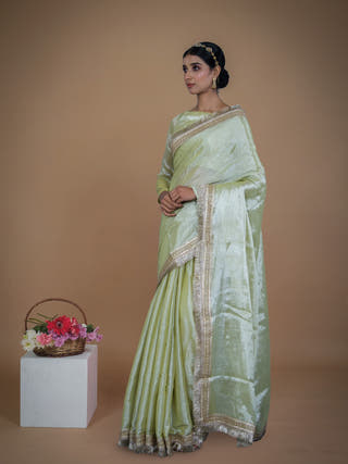 Sampada Neon Olive Handwoven Tissue Saree