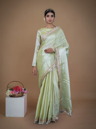 Sampada Neon Olive Handwoven Tissue Saree