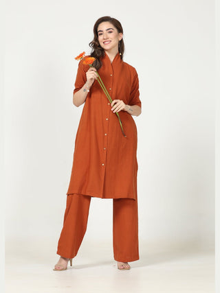 Organic Cotton Solid Long Shirt with Wide Leg Pant Co-ord Set Saltpetre