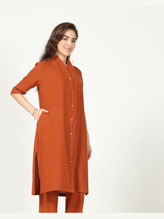 Organic Cotton Solid Long Shirt with Wide Leg Pant Co-ord Set Saltpetre
