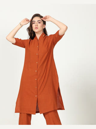 Organic Cotton Solid Long Shirt with Wide Leg Pant Co-ord Set Saltpetre