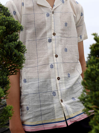 Cotton Cloud Half Sleeve Shirt In Handwoven Jamdani Cotton