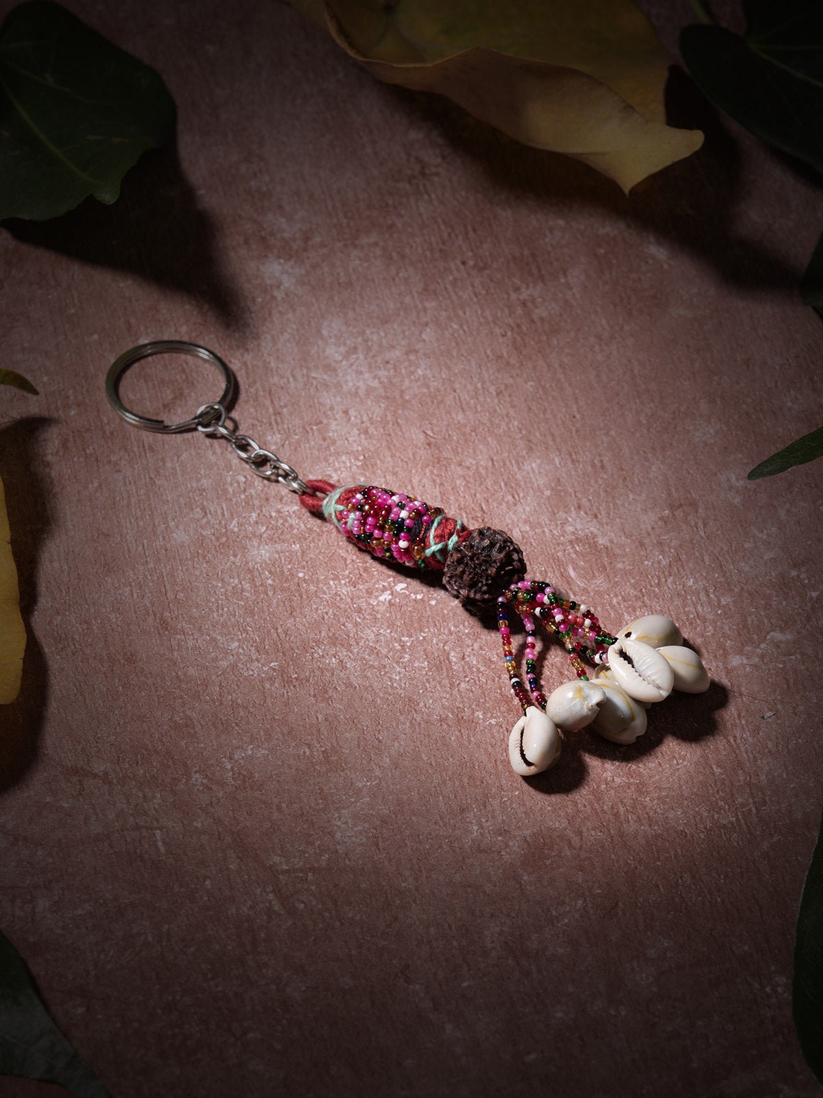 Patwa Beaded Keychain with Rudraksha & Shell Accents - Set of 2