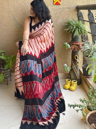 Red Striped Modal Silk Ajrakh ForSarees