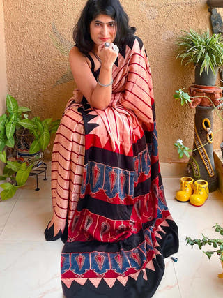 Red Striped Modal Silk Ajrakh ForSarees