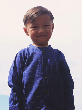Barefoot Boy Chinese Collar Blue Stripes Shirt