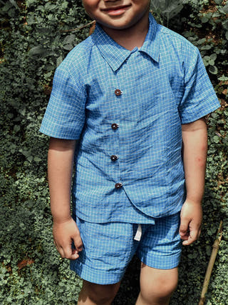 Skygaze Blue Checks Handwoven Cotton Unisex Shorts