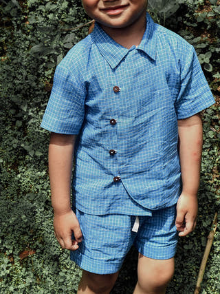 Blue Meadow Curved Placket Checks Shirt