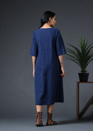 Scoop Placket Dress-Navy Blue