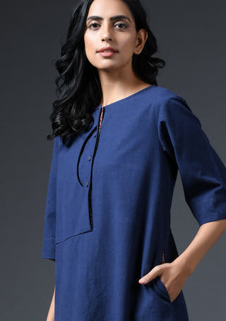Scoop Placket Dress-Navy Blue
