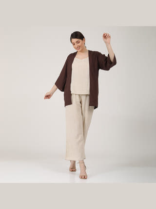Solid Linen Overlay with Slip Top and Wide Leg Pants 3-Piece Co-ord Set Saltpetre