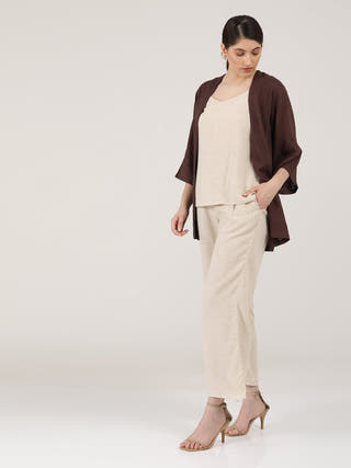 Solid Linen Overlay with Slip Top and Wide Leg Pants 3-Piece Co-ord Set Saltpetre
