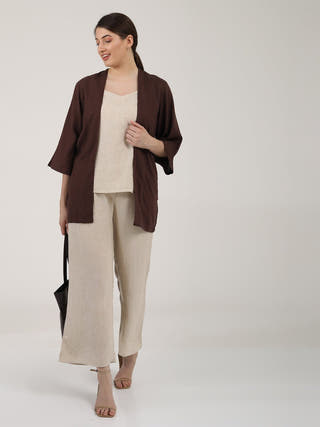 Solid Linen Overlay with Slip Top and Wide Leg Pants 3-Piece Co-ord Set Saltpetre