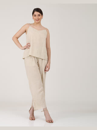 Solid Linen Slip Top with Wide Leg Pants Co-ord Set Saltpetre