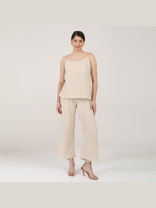 Solid Linen Slip Top with Wide Leg Pants Co-ord Set Saltpetre