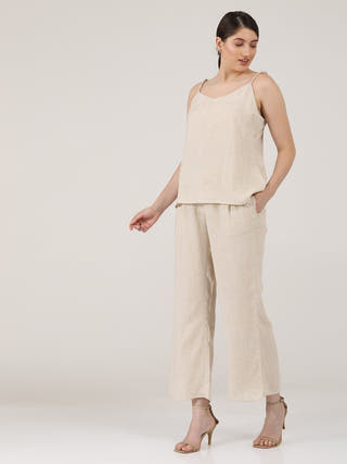 Solid Linen Slip Top with Wide Leg Pants Co-ord Set Saltpetre