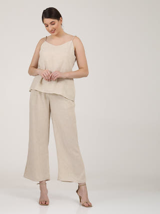 Solid Linen Slip Top with Wide Leg Pants Co-ord Set Saltpetre