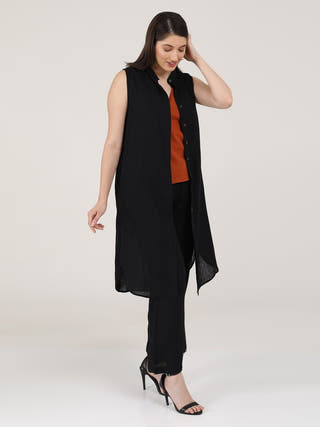 Solid Long Shirt and Wide Leg Pants and V-neck Top 3-Piece Co-ord Set - Linen & Organic Cotton coord set for women in Autumn Rust & Black color