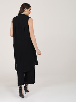 Solid Long Shirt and Wide Leg Pants and V-neck Top 3-Piece Co-ord Set - Linen & Organic Cotton coord set for women in Autumn Rust & Black color
