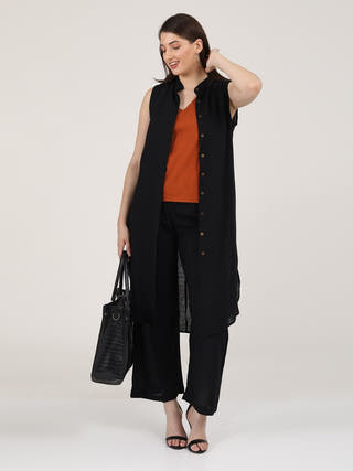Solid Long Shirt and Wide Leg Pants and V-neck Top 3-Piece Co-ord Set - Linen & Organic Cotton coord set for women in Autumn Rust & Black color