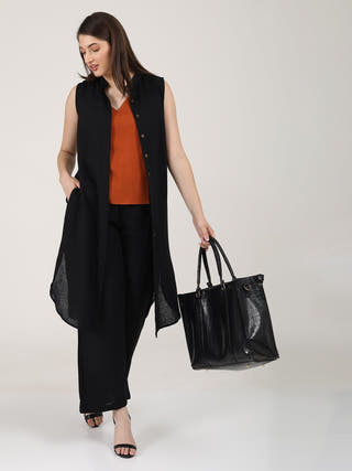 Solid Long Shirt and Wide Leg Pants and V-neck Top 3-Piece Co-ord Set - Linen & Organic Cotton coord set for women in Autumn Rust & Black color